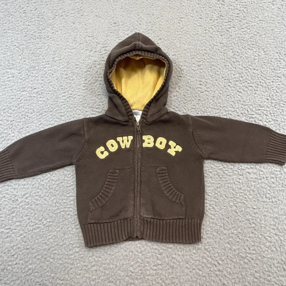 Gymboree Sweater Boys 9-12 Months‎ Brown Cowboy Hooded Full Zip Knit Cotton
